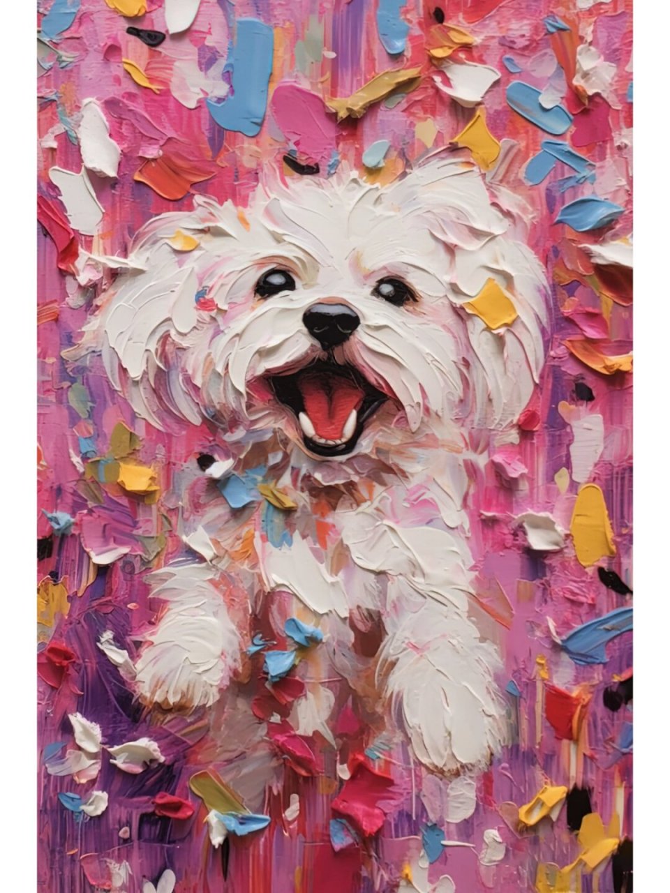 马尔济斯 油画  马尔济斯犬的油画作品,以细腻的笔触和丰富的色彩