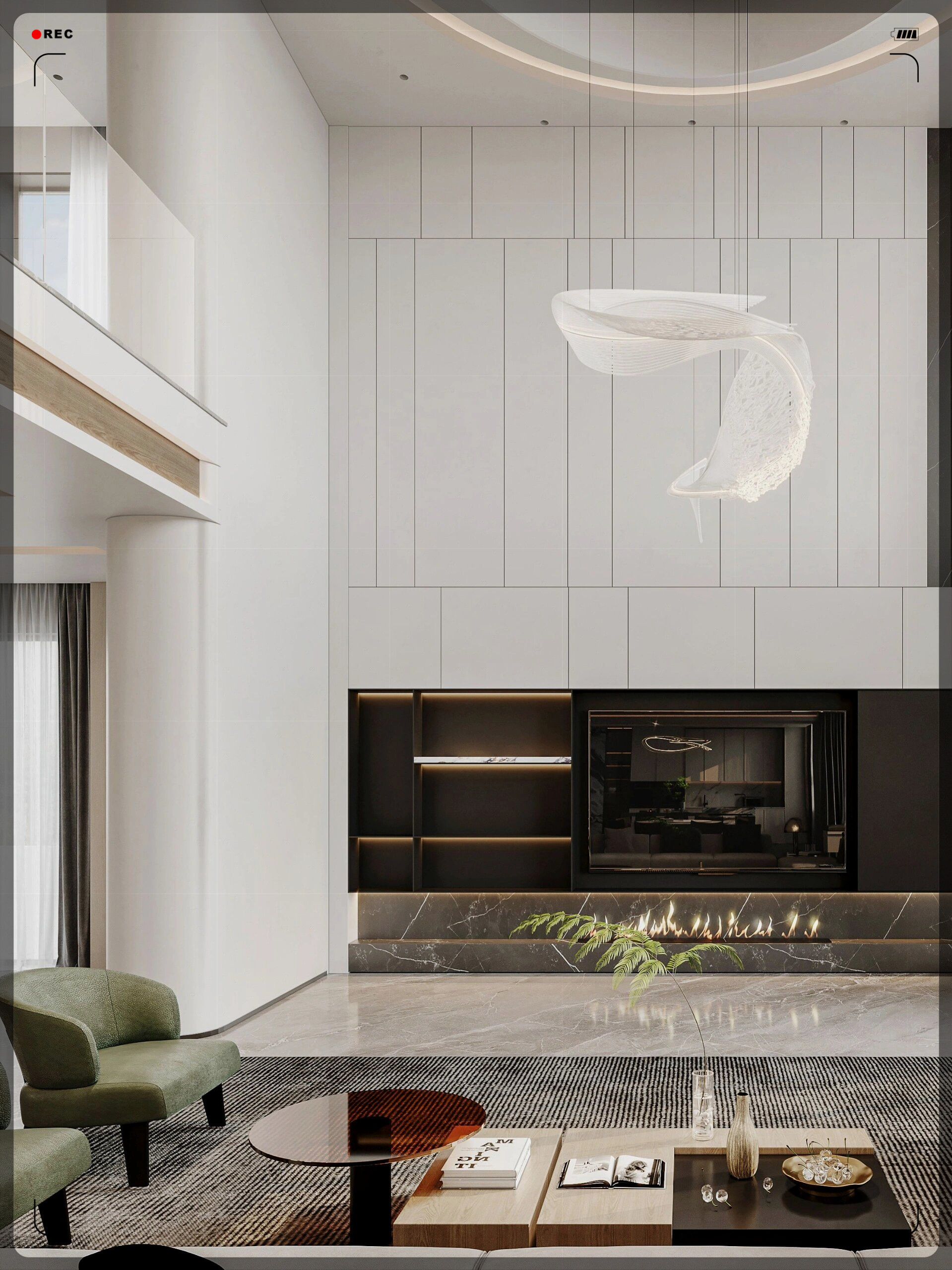 现代轻奢别墅  敞开的客厅以米白和棕咖为基调,搭配大理石的点缀.