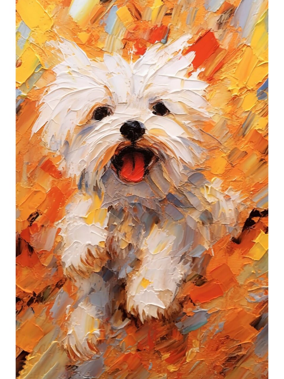 马尔济斯 油画  马尔济斯犬的油画作品,以细腻的笔触和丰富的色彩