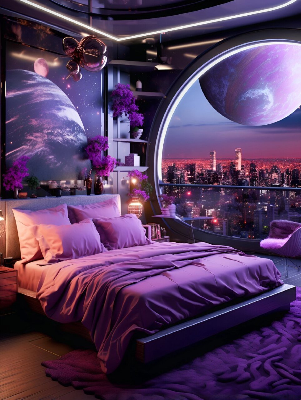 在这深邃如海的紫色卧室中,我感受到了无尽的浪漫与梦幻.