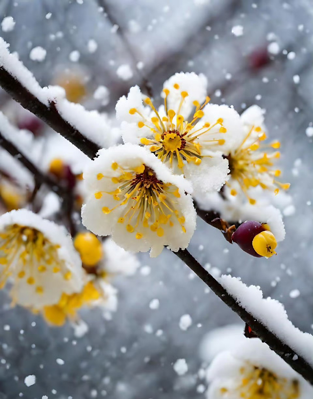 大雪纷飞,腊梅盛开,冬日的寂静被点缀得如诗如画