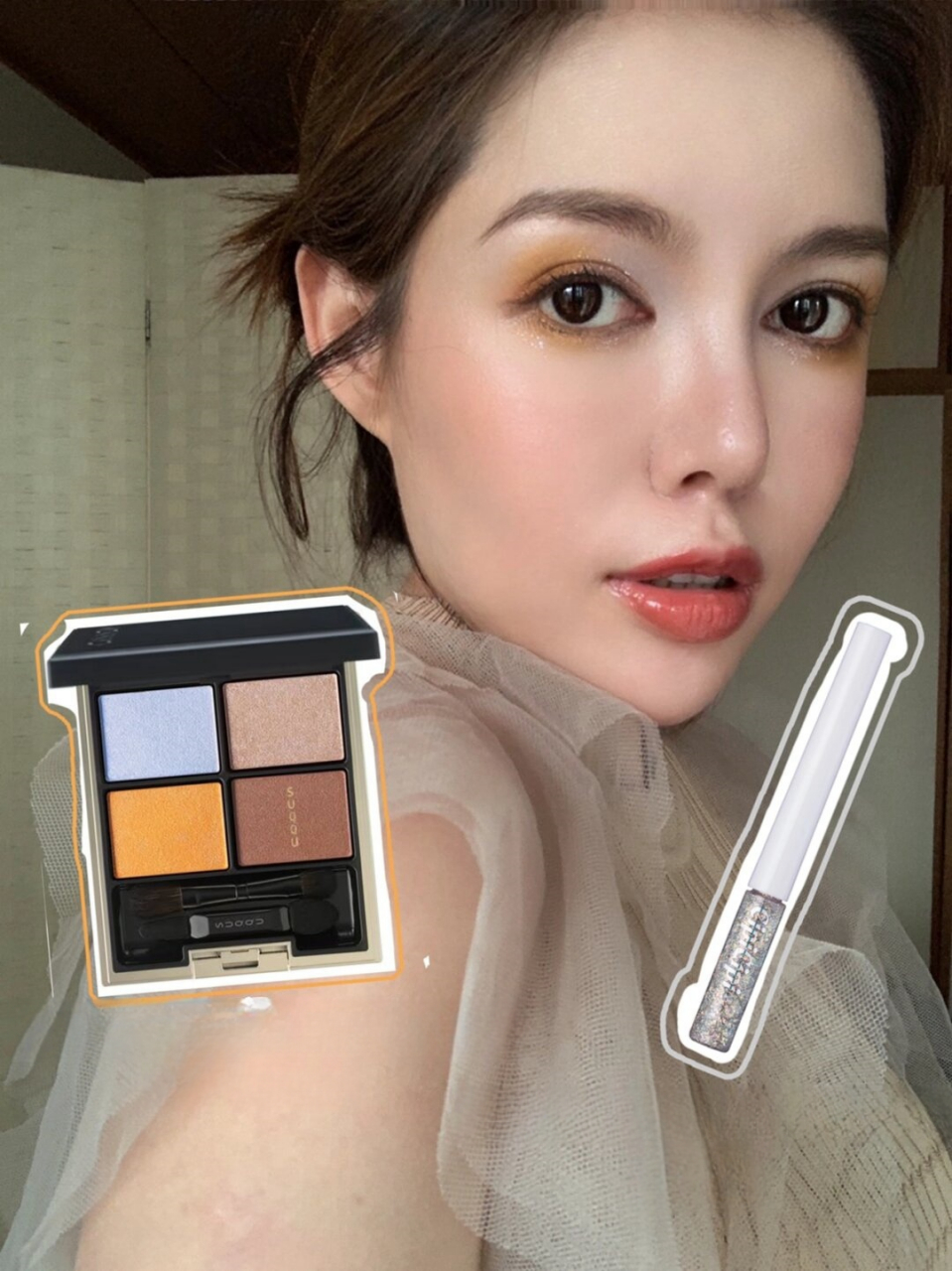 清透日系妝容  上眼睑:使用(右上)香槟色眼影,作为眼窝最凹陷部分的