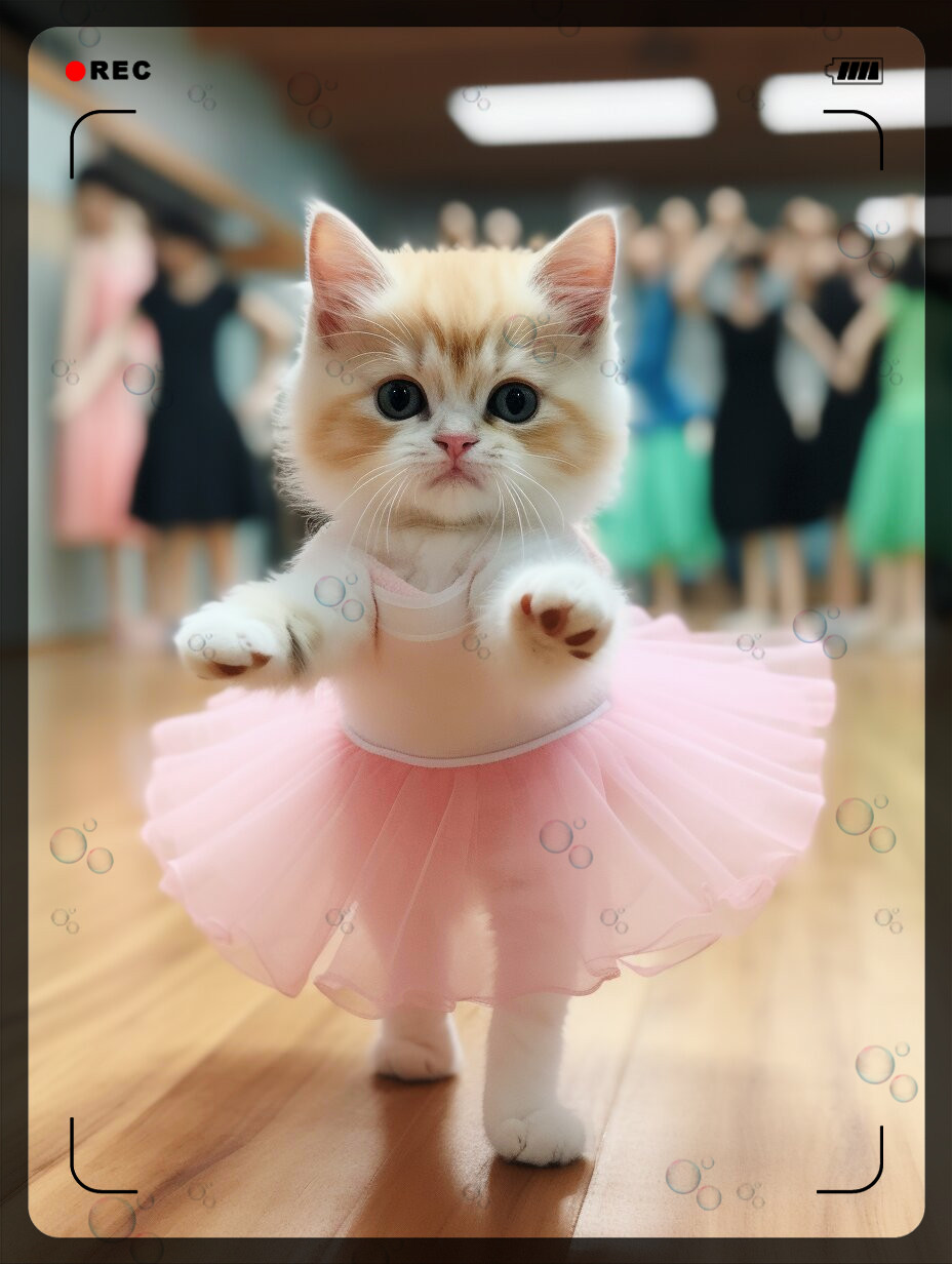 几只可爱的猫咪宝宝们穿上了瑜伽裙子,在练功房里跳起了经典的芭蕾舞