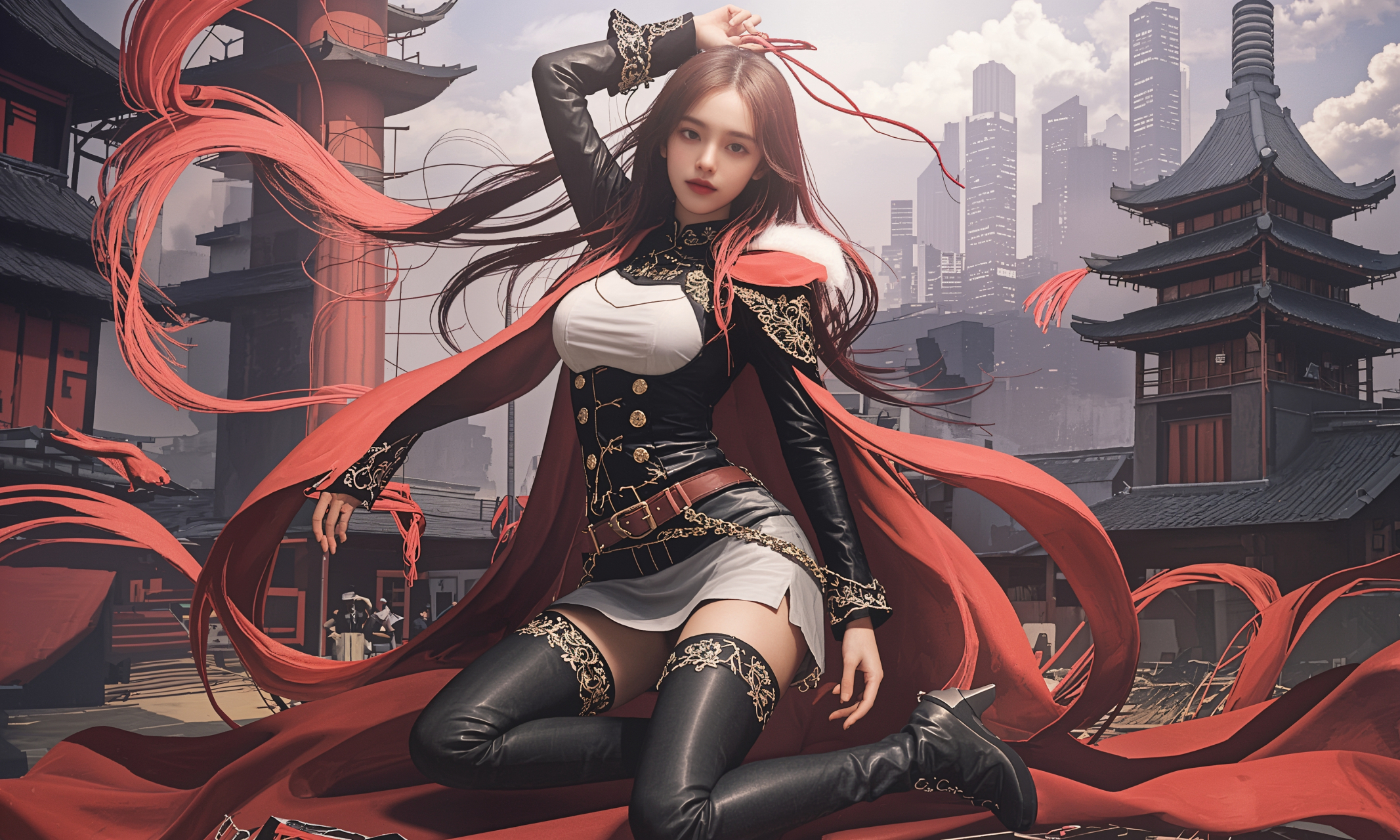 ai美女壁纸# 每日ai美女秀	木质鼓楼前的广场上,御姐穿着毛绒冬装