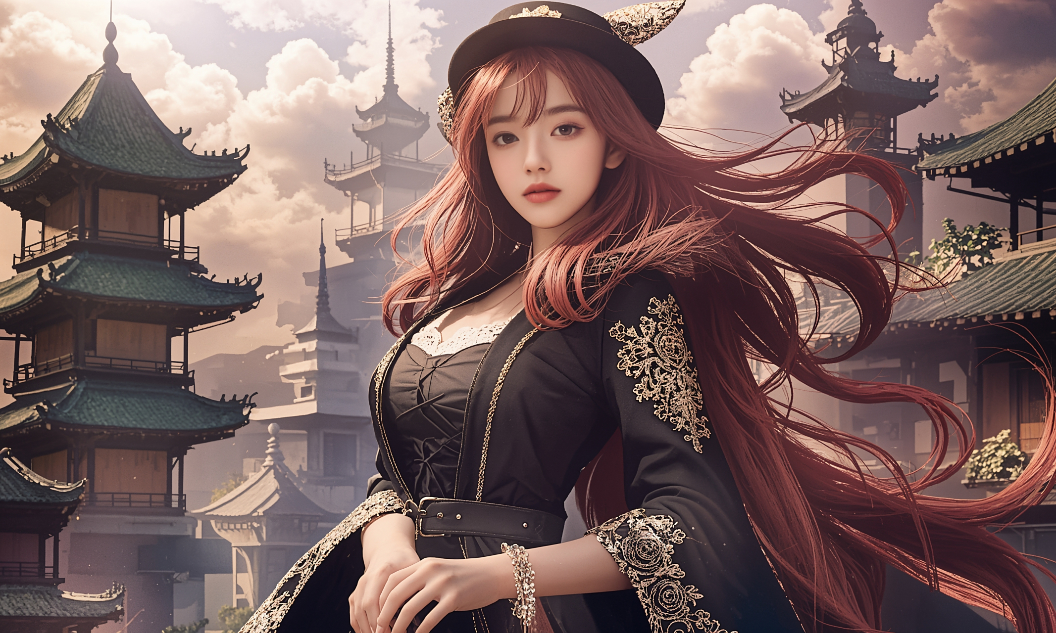 ai美女壁纸# 每日ai美女秀	御姐与一位年轻的男子在木质鼓楼下相遇