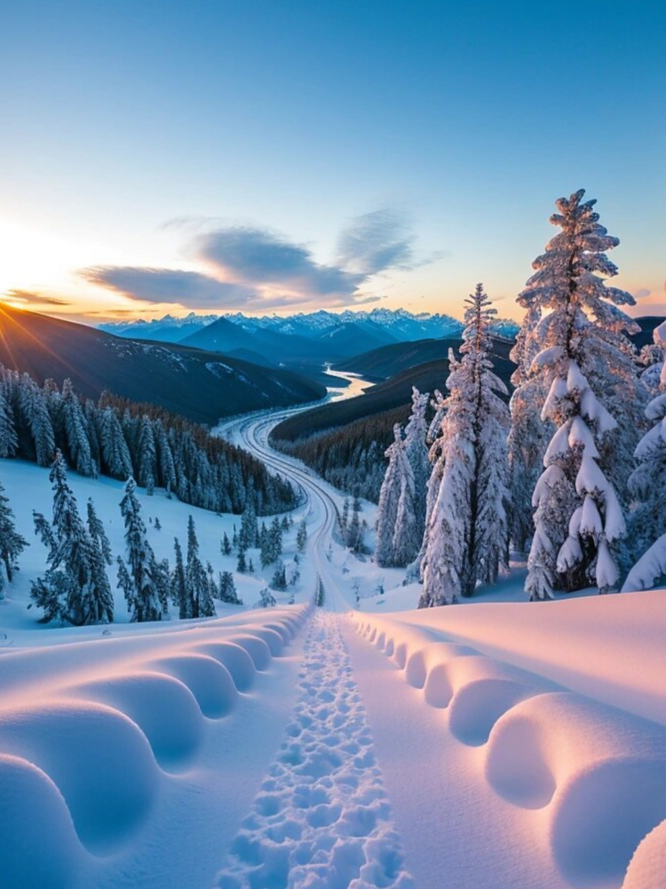 晚霞映照下的雪景美到不行	  到了年纪就是会喜欢风景