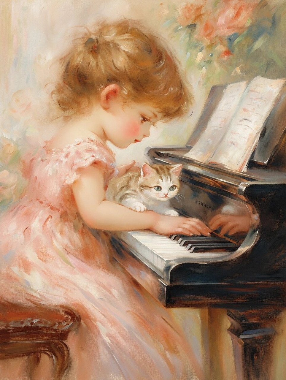 雷诺阿风油画——小女孩和她的猫  在雷诺阿的油画世界里,我们总能