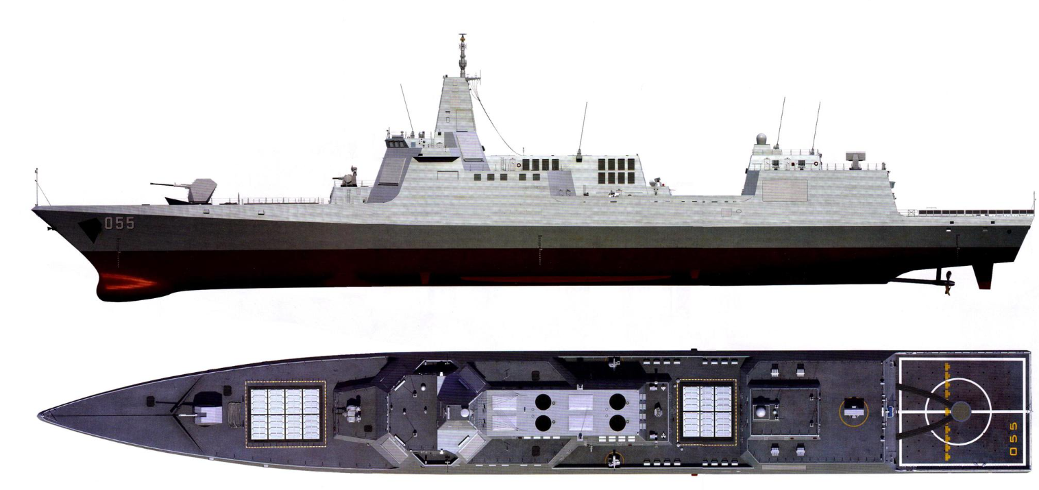 055b将下水满排15万吨载128具垂发舰上或装电磁炮与激光武器