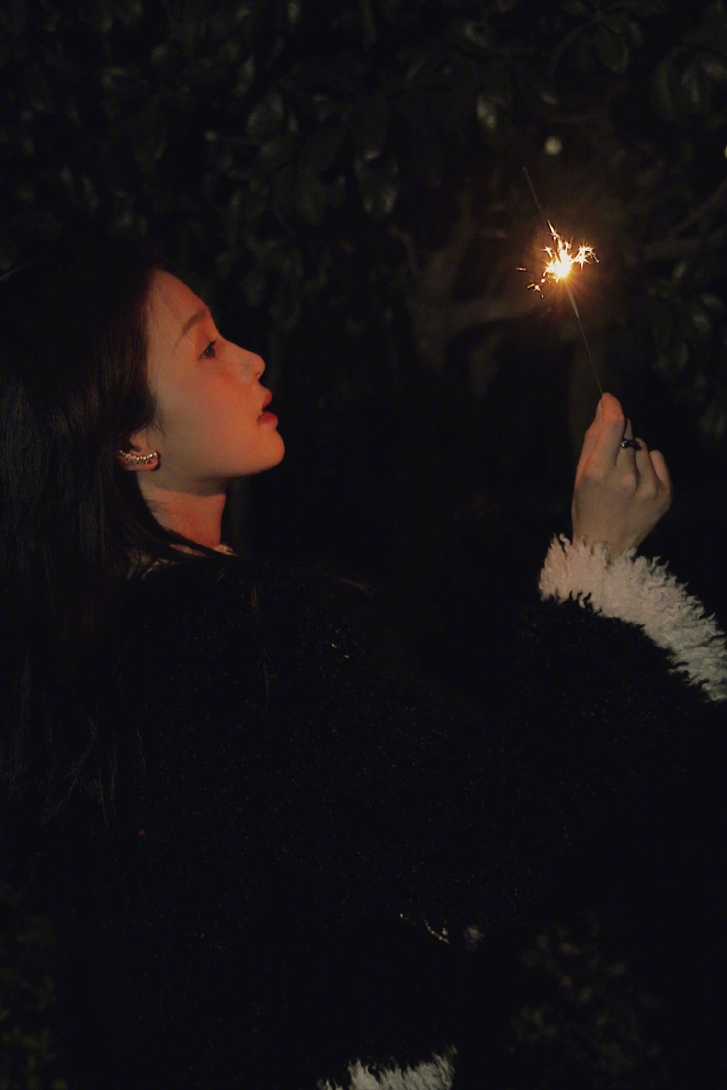 白鹿手拿小烟花夜晚户外燃放烟花浪漫可人写真美照