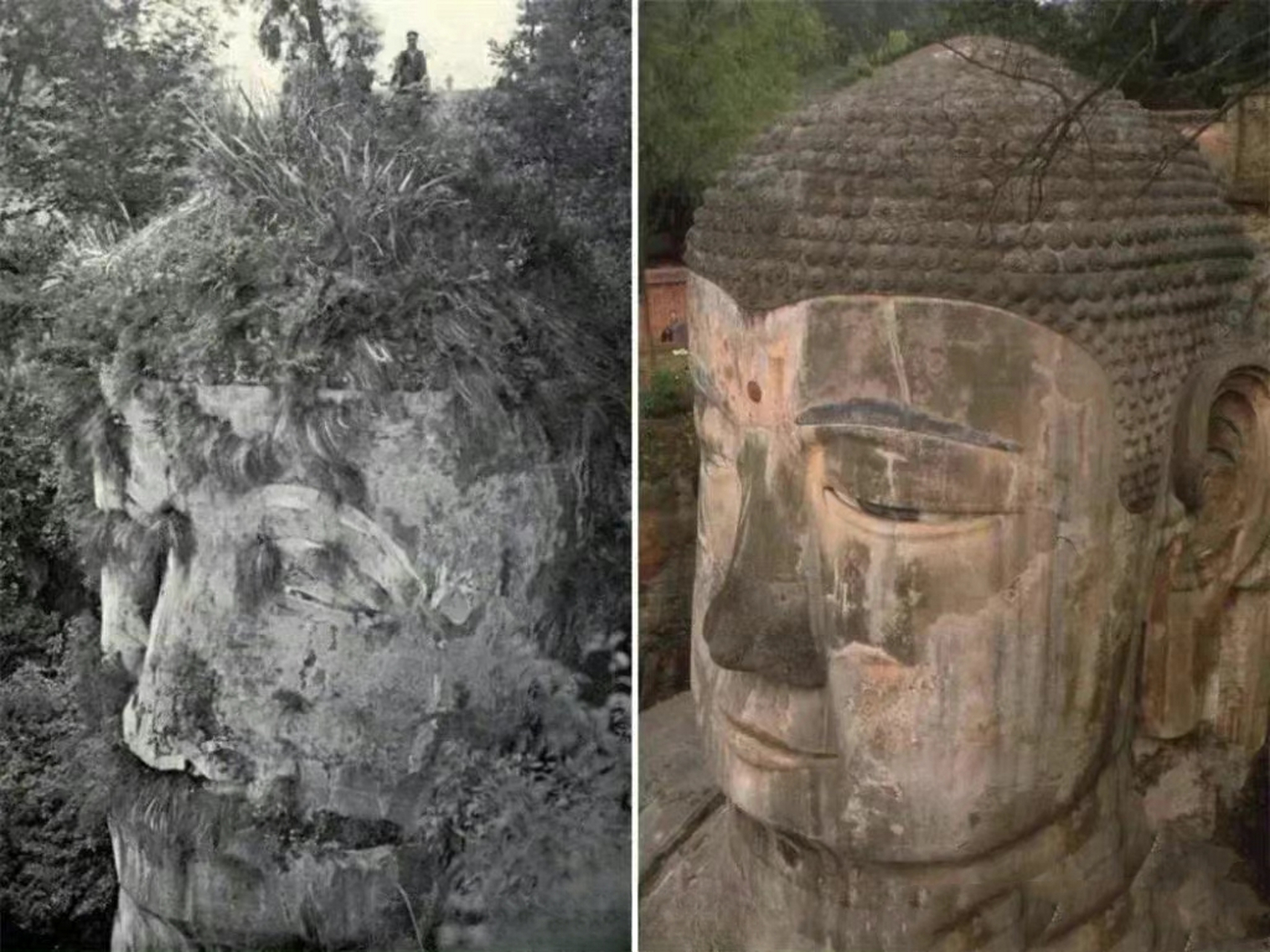 乐山大佛修复前后对比,像极了流浪汉有了编制…[滑稽]
