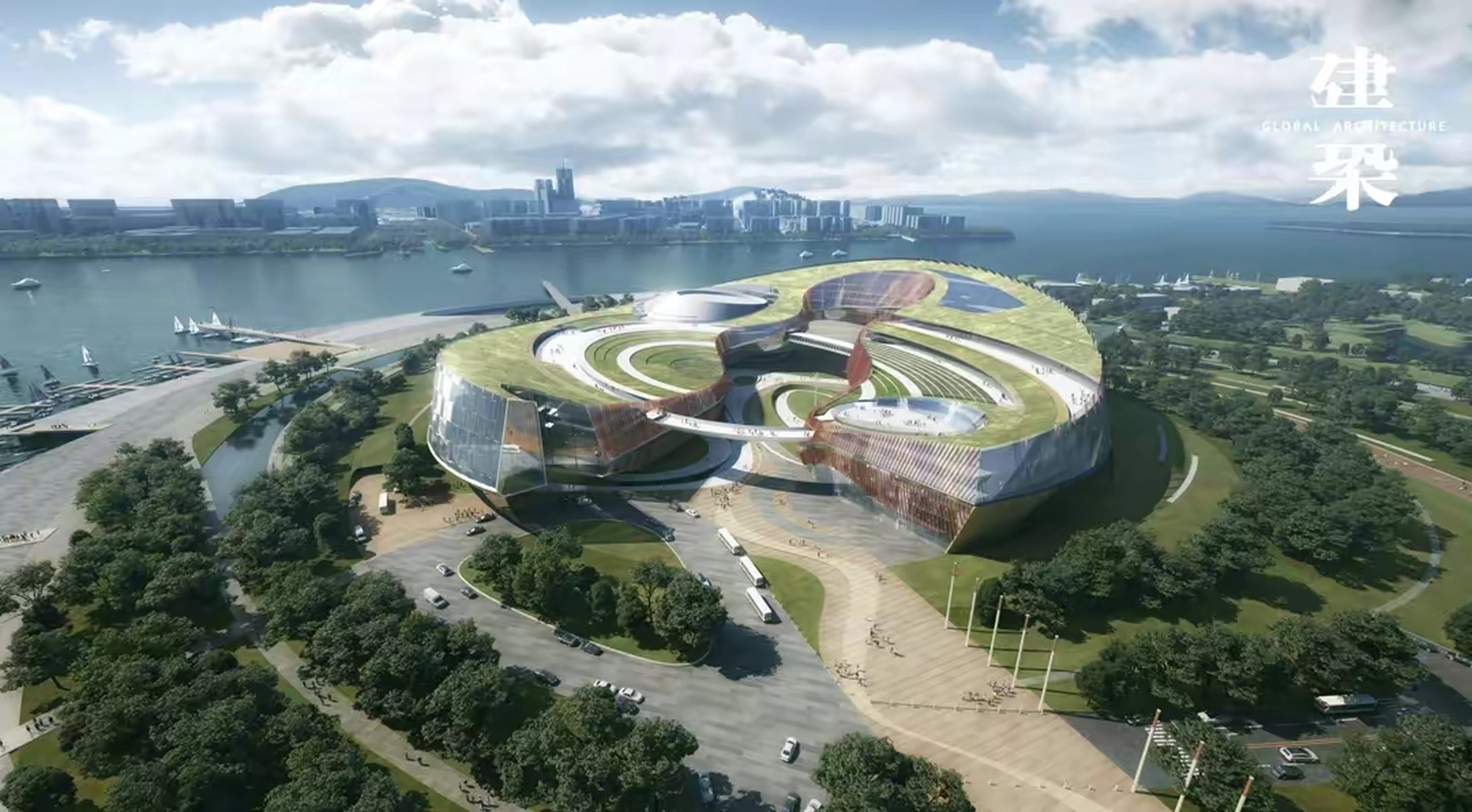 腾讯深圳总部项目新中心 位于前海湾的顶端, 以弧形,电梯和曲线构成了