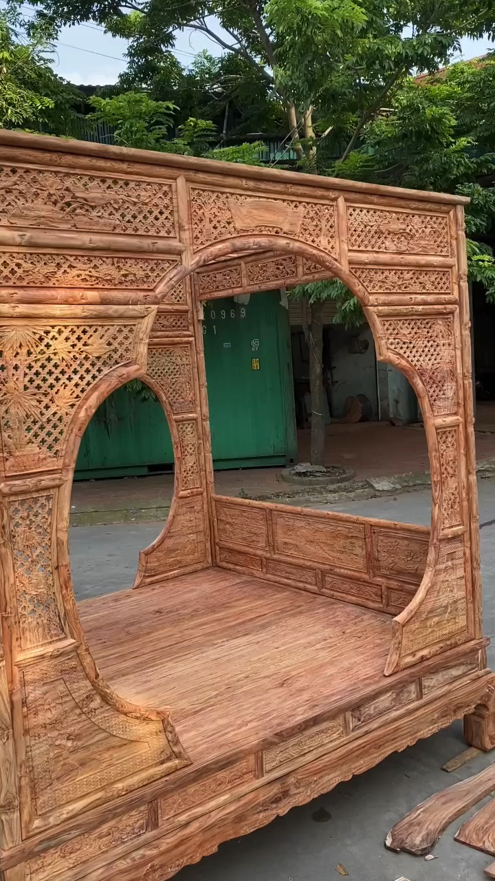 越南黄花梨竹节双月洞门架子床-度小视