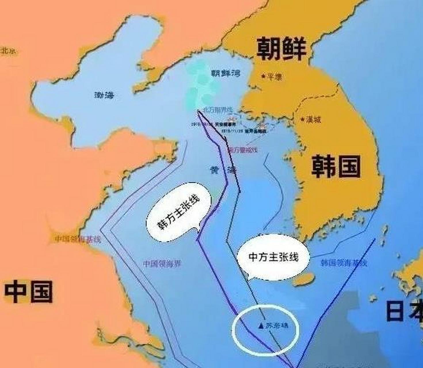 在韩方和中国关于黄海划界问题上存在分歧,如果按照韩方提出的划分线