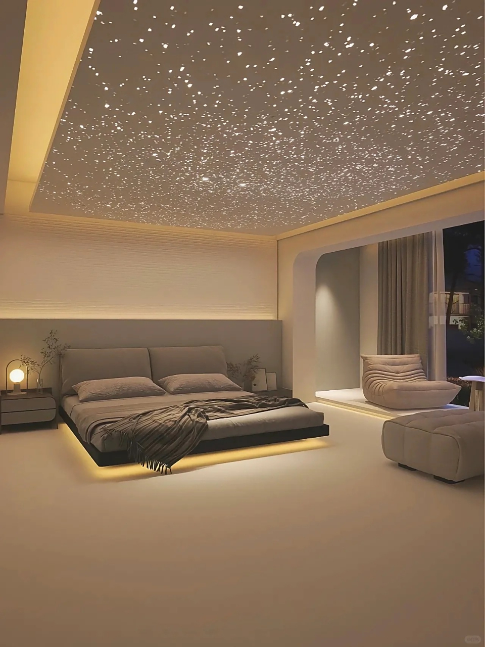 星空顶	 "年轻人的卧室就应该装的有个性 💡无主灯搭配时尚的星空顶