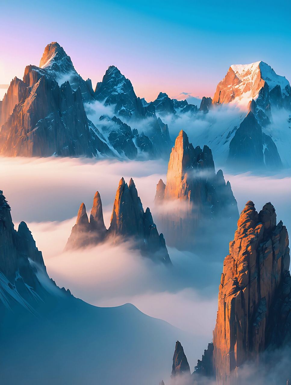 朝霞映照下,云雾缭绕的山峰如诗如画  山间薄雾轻拢,仿佛给山峰披上了