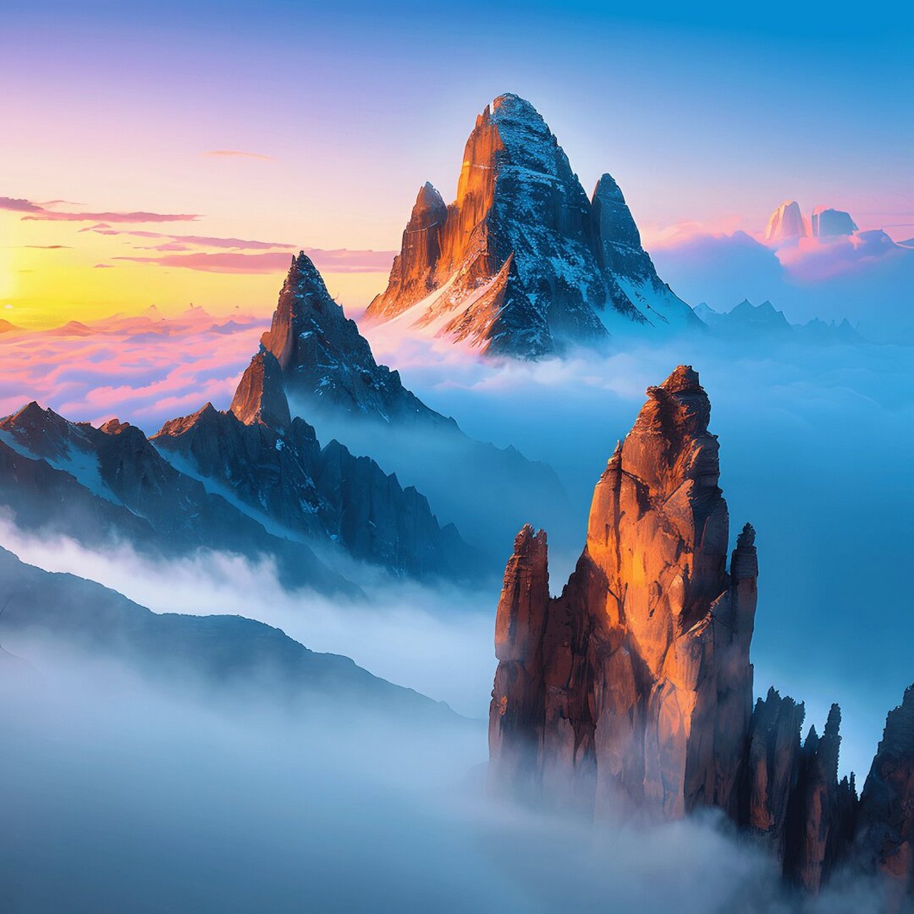 朝霞映照下,云雾缭绕的山峰如诗如画  山间薄雾轻拢,仿佛给山峰披上了