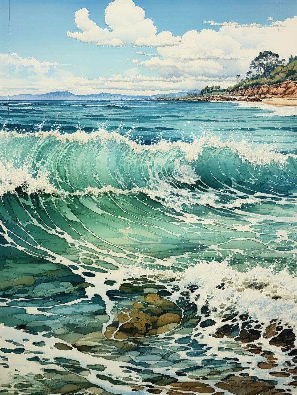 快来欣赏这款ai水彩绘画,感受海浪