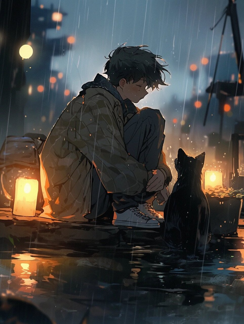 "猫与少年,雨夜街头的聚会"  "有我在, 你的世界便有了归宿, 我不强求