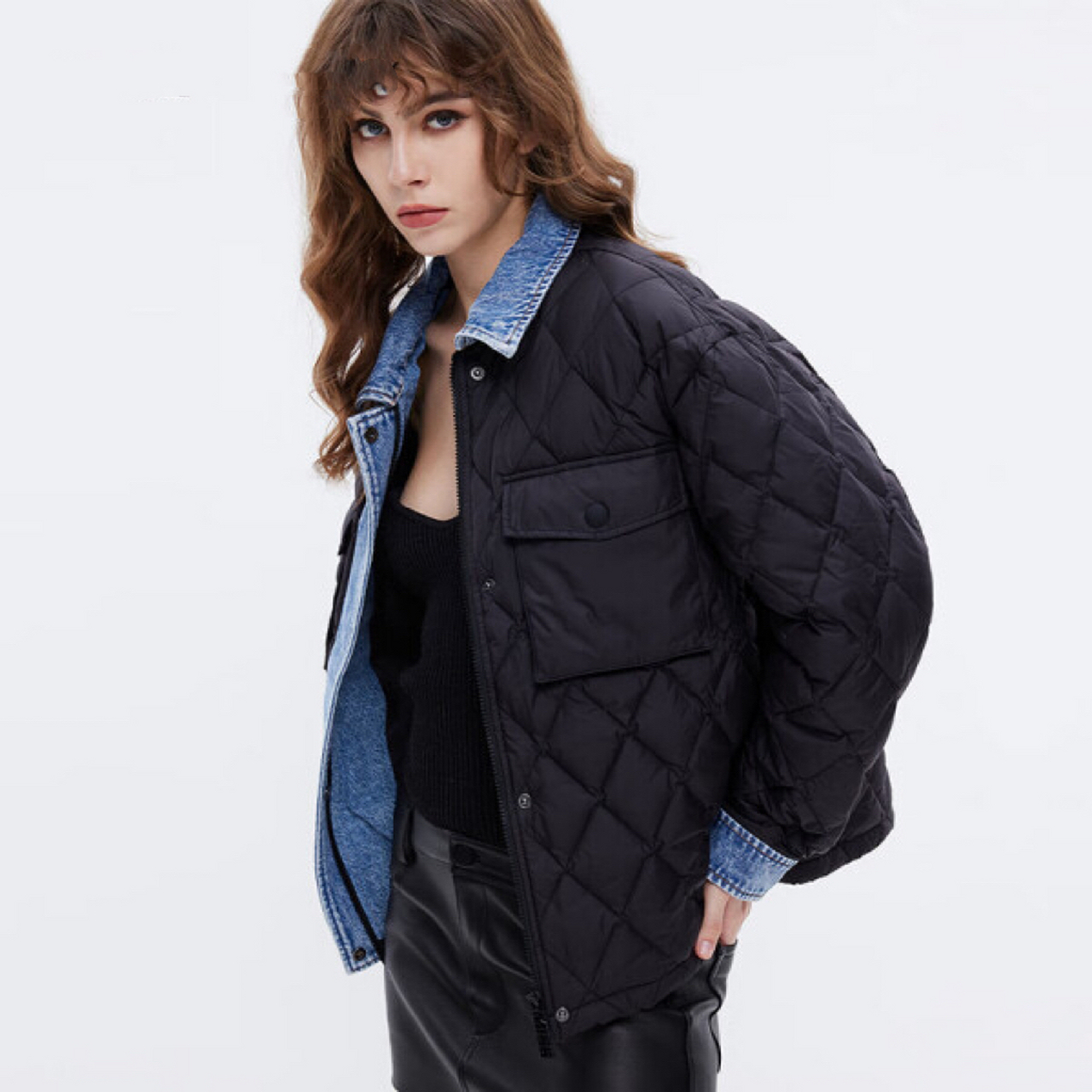 【新款羽绒外套女牛仔拼接设计感保暖加厚绗缝】  99拼接羽绒外套