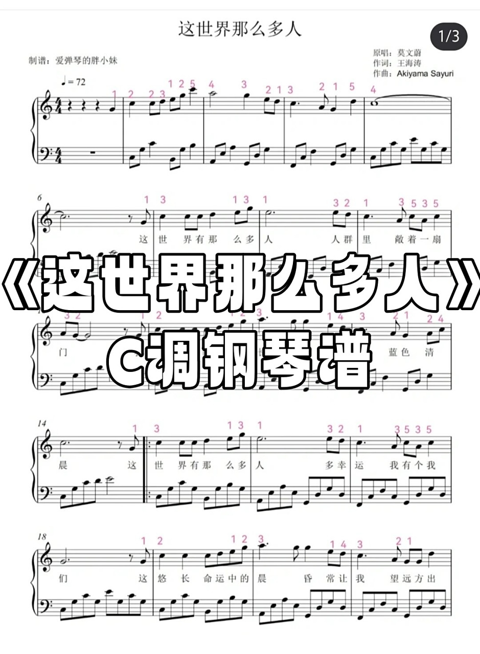 《这世界那么多人》c调钢琴谱