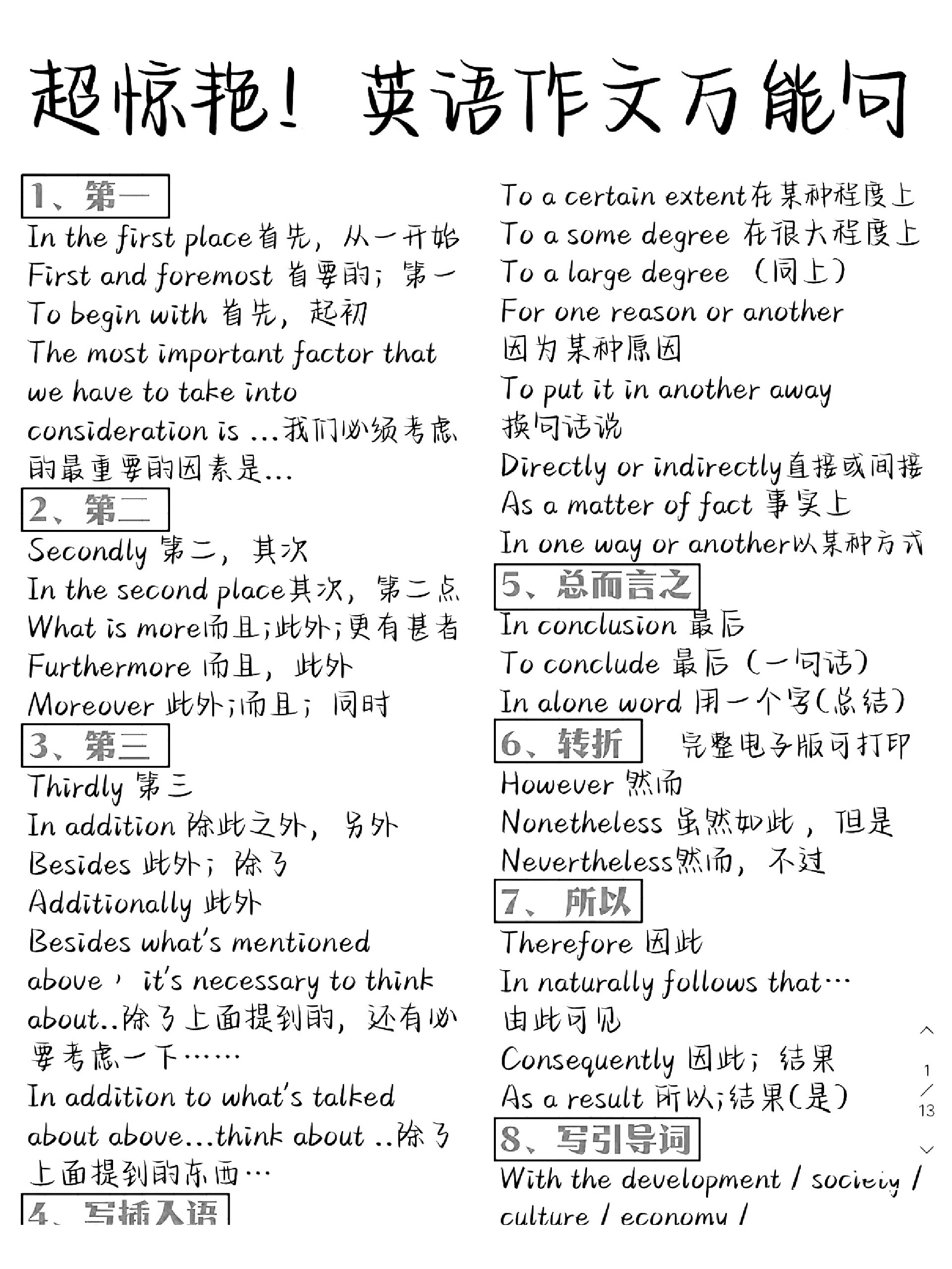 87句英语作文高分万能模板! 英语写作万能经典句型!