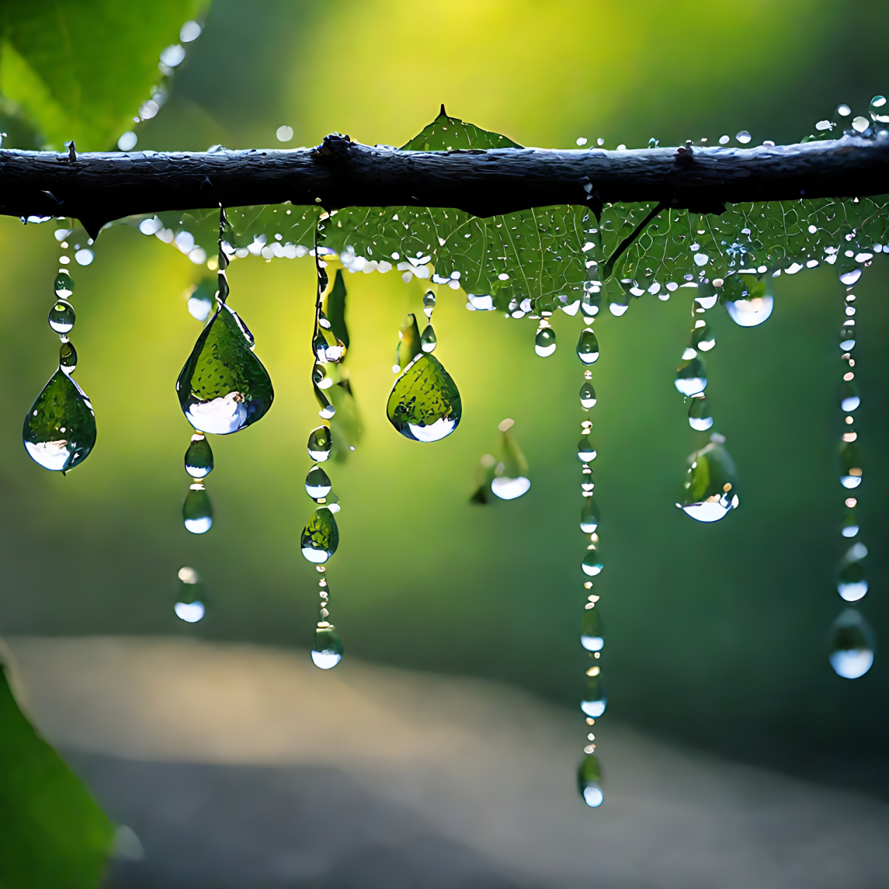 就像这片带着水珠的绿叶,在夕阳和草地的背景下,静静地诉说着生命的