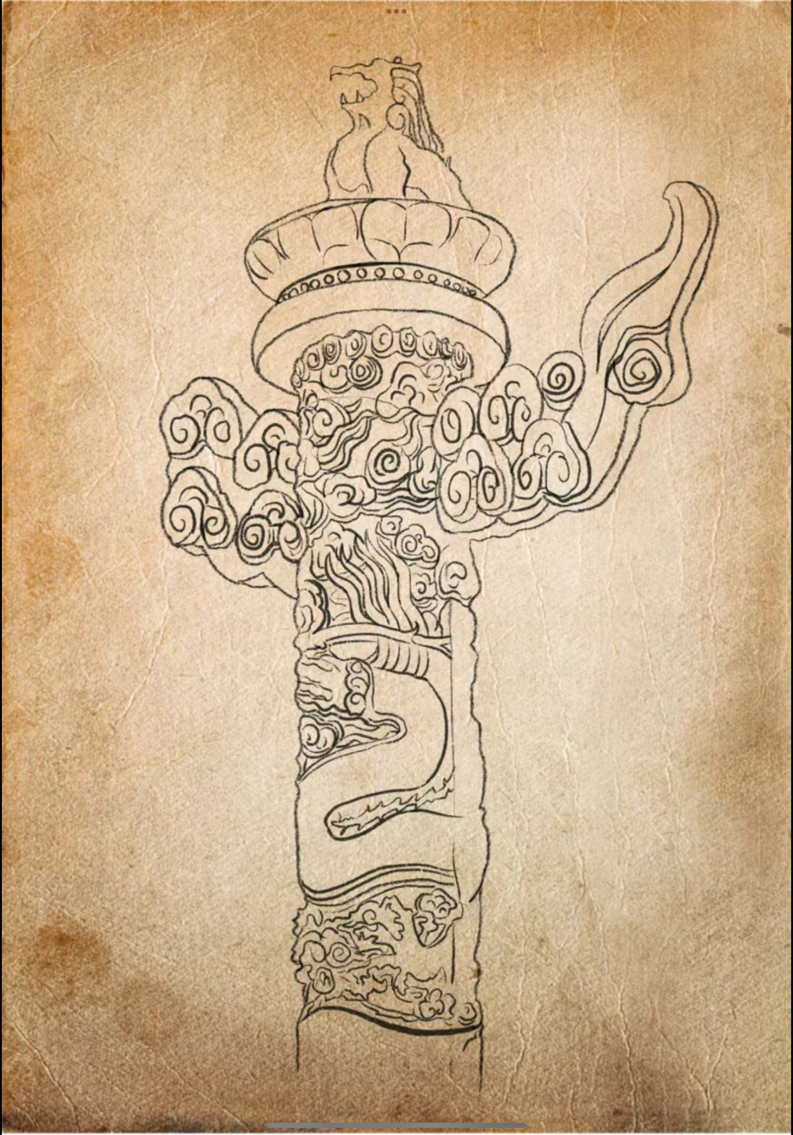 华表的柱身呈八角型,一条巨龙盘旋而上,龙身外布满云