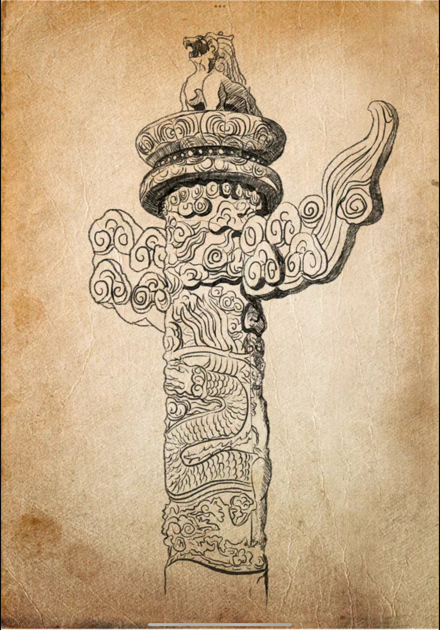 华表的柱身呈八角型,一条巨龙盘旋而上,龙身外布满云