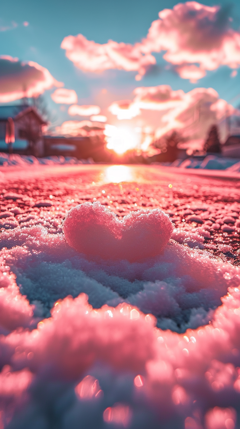 壁纸 | 浪漫的冬日奇景,心形云朵点缀金色雪地 在一块淡红色的雪地