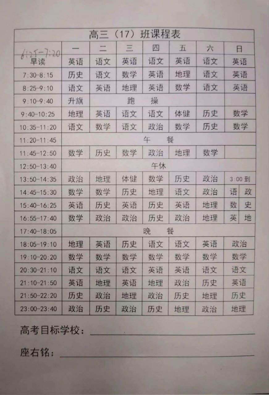 高三的课程表,这密密麻麻的课程看了浑身瑟瑟发抖!