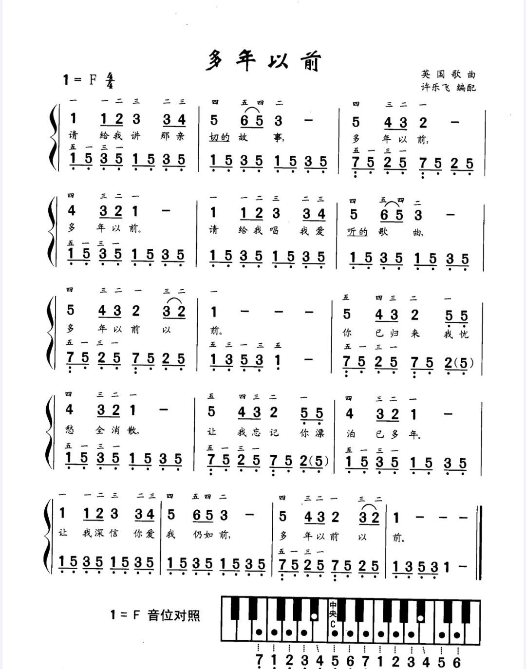 钢琴简谱《多年以前》
