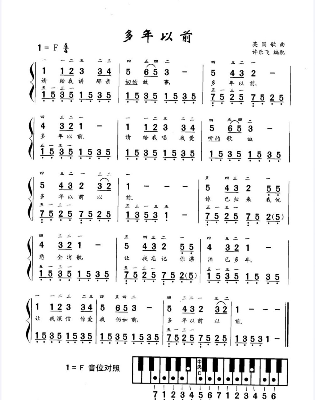 钢琴简谱《多年以前》  钢琴简谱《多年以前》是一首充满怀旧和回忆的