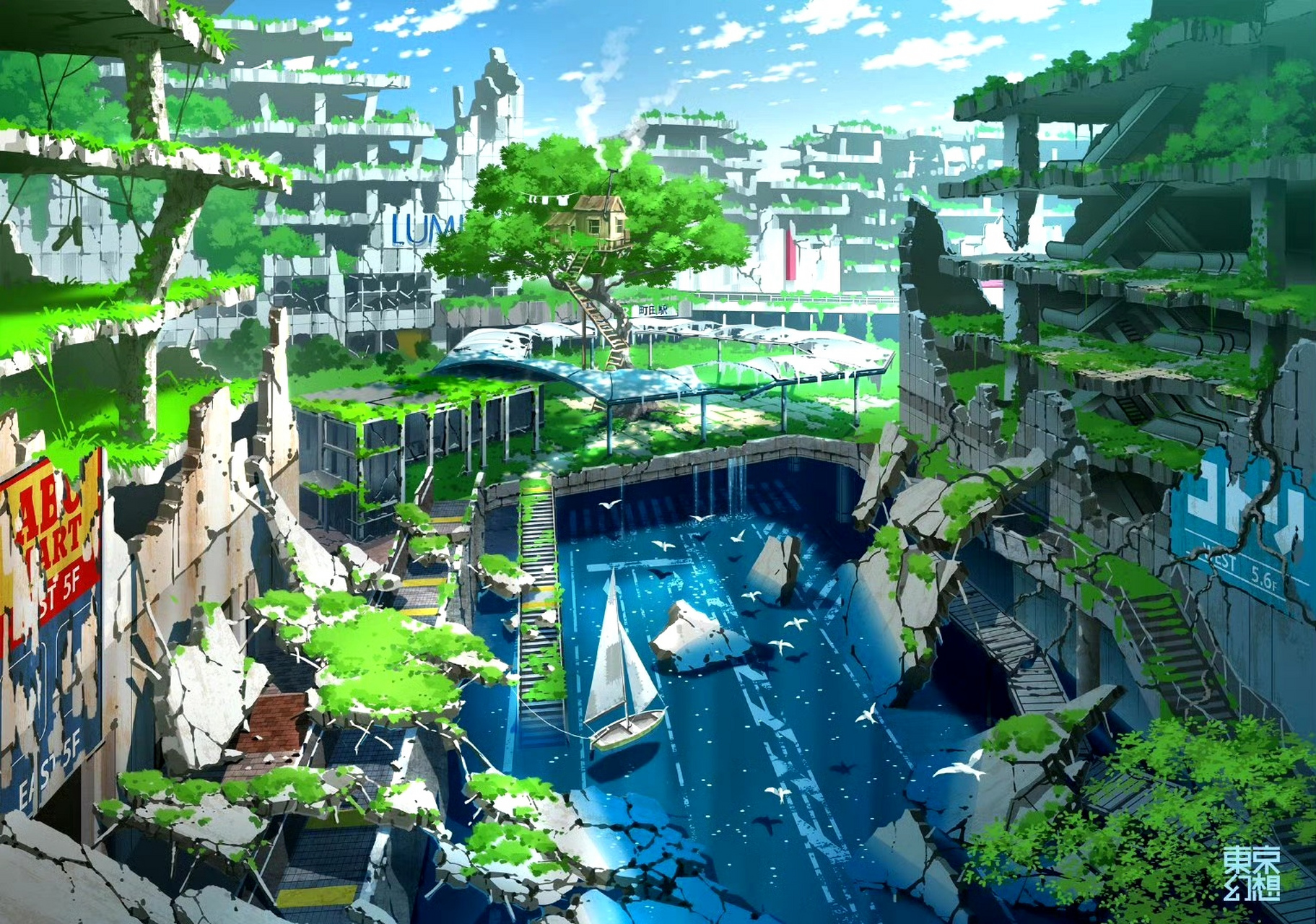 一组动漫风景绘画作品欣赏,描绘了被大自然吞噬的城市,一切都被绿色