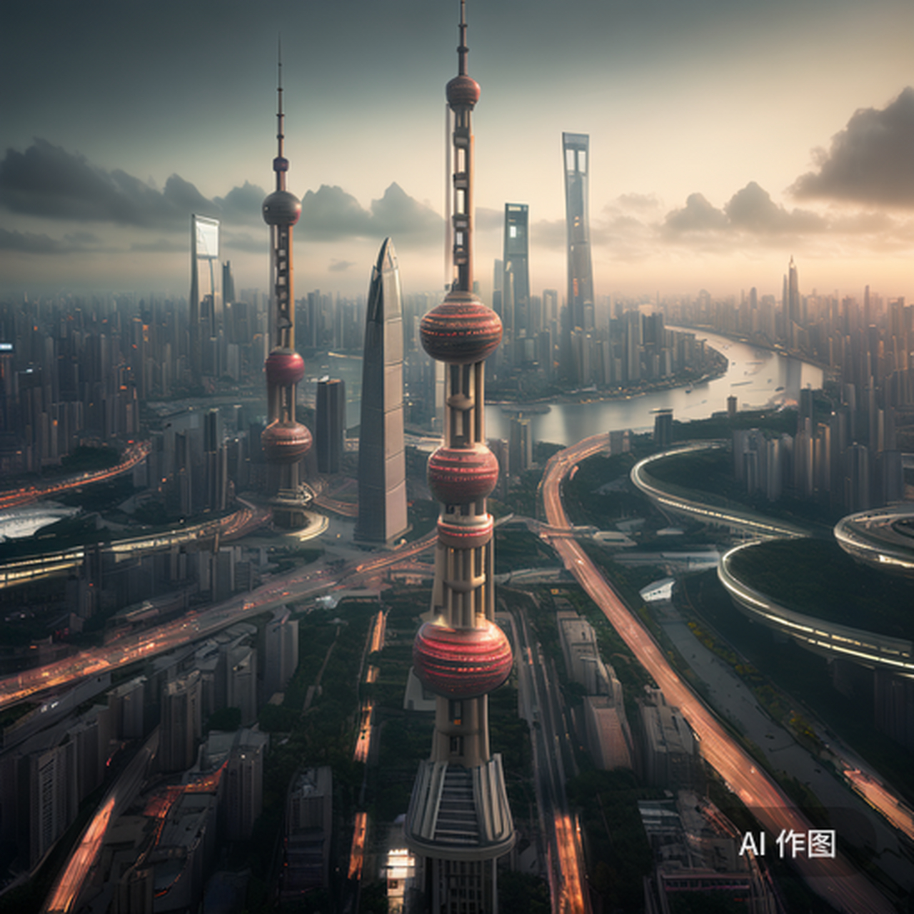 ai创作的未来上海城市美景,并未出现密集的高楼大厦与空中飞车,而是将