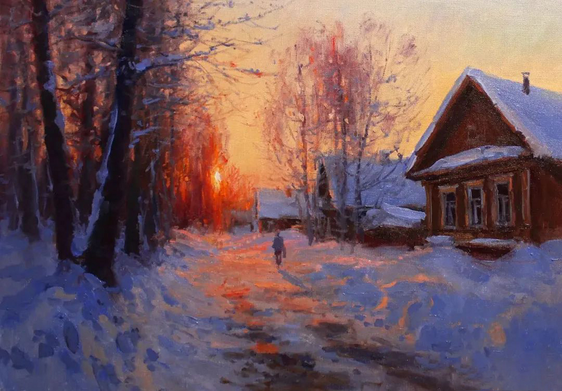 其暖阳下的俄罗斯乡村雪景油画展现出独特的视角和精湛技艺