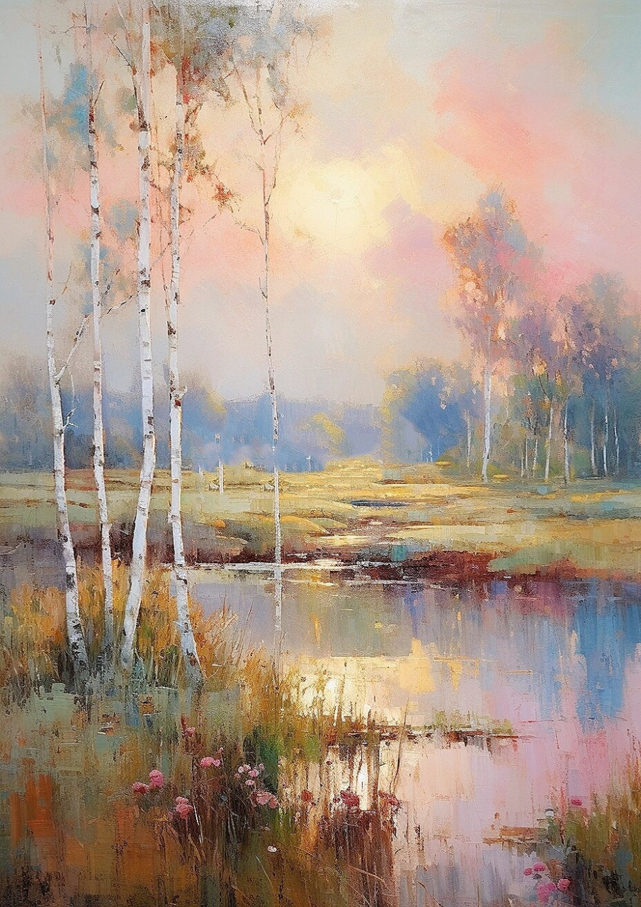 风景油画-四季更替  一幅风景油画,呈现着四季更替的韵律.