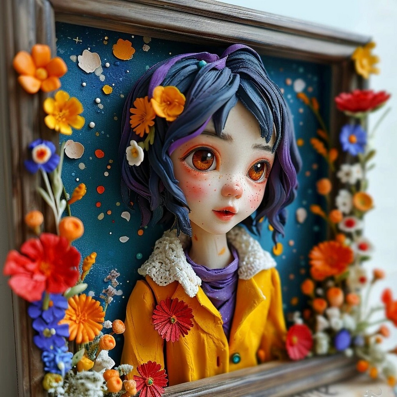 最满意的作品是一幅短发女孩的粘土画,她装裱在