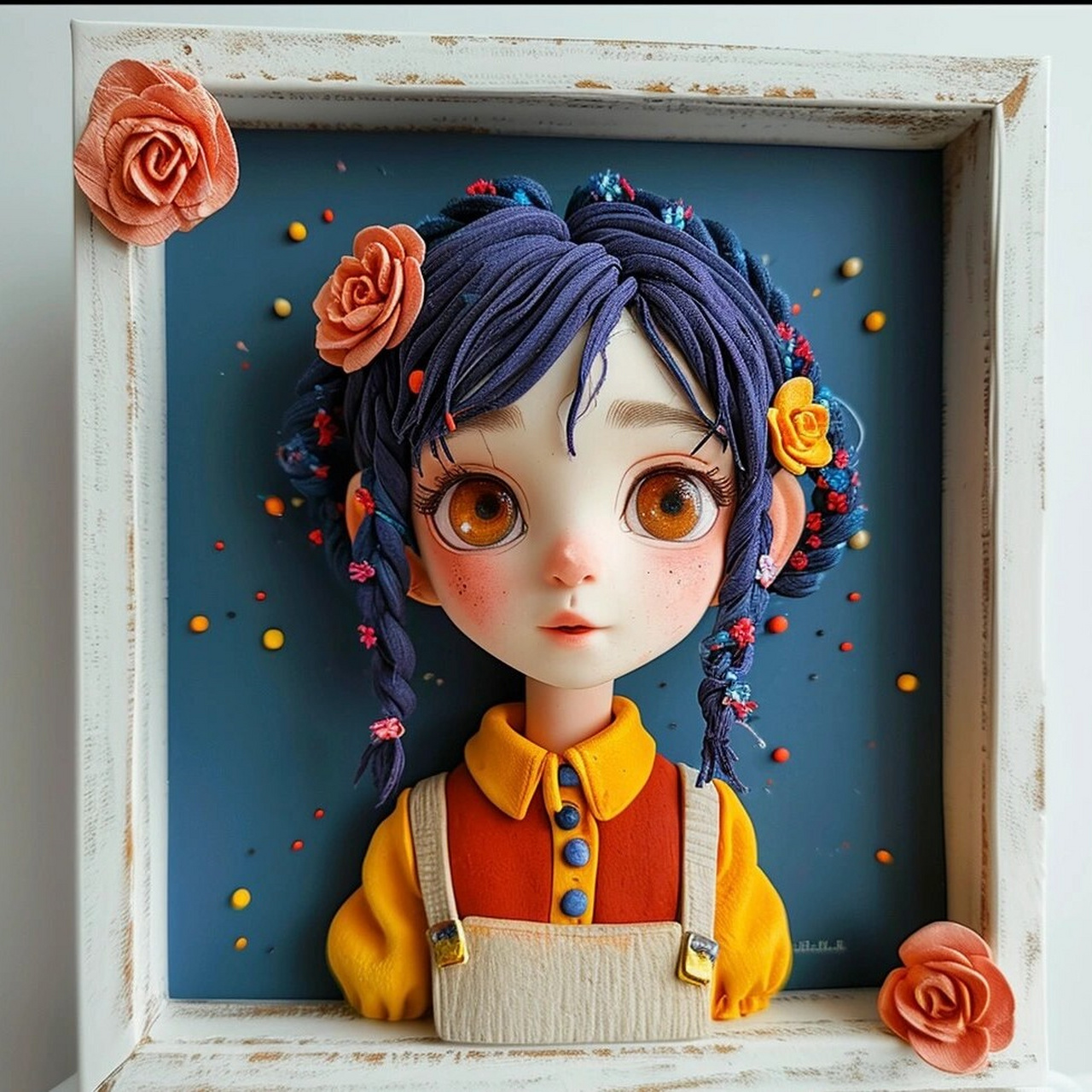 最满意的作品是一幅短发女孩的粘土画,她装裱在