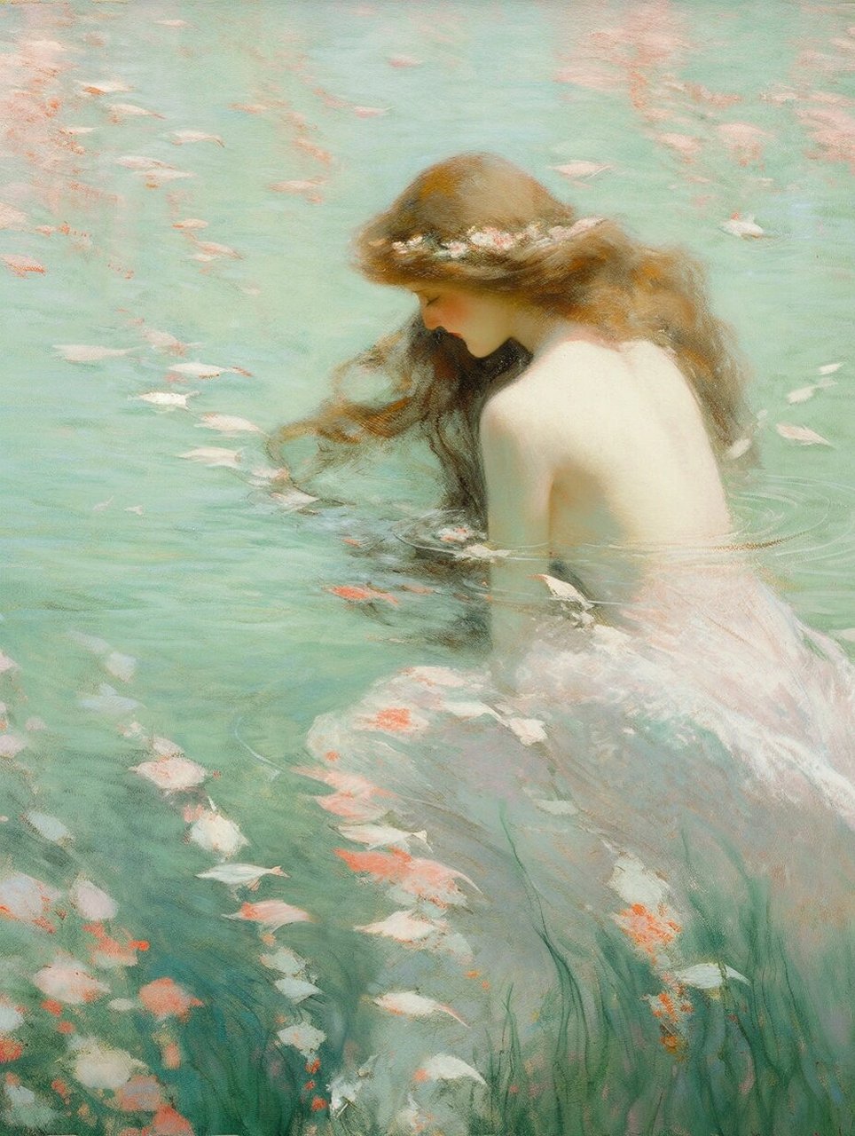 midjourney|油画•美人鱼  "她的肌肤柔嫩如玫瑰花瓣,触感细腻.