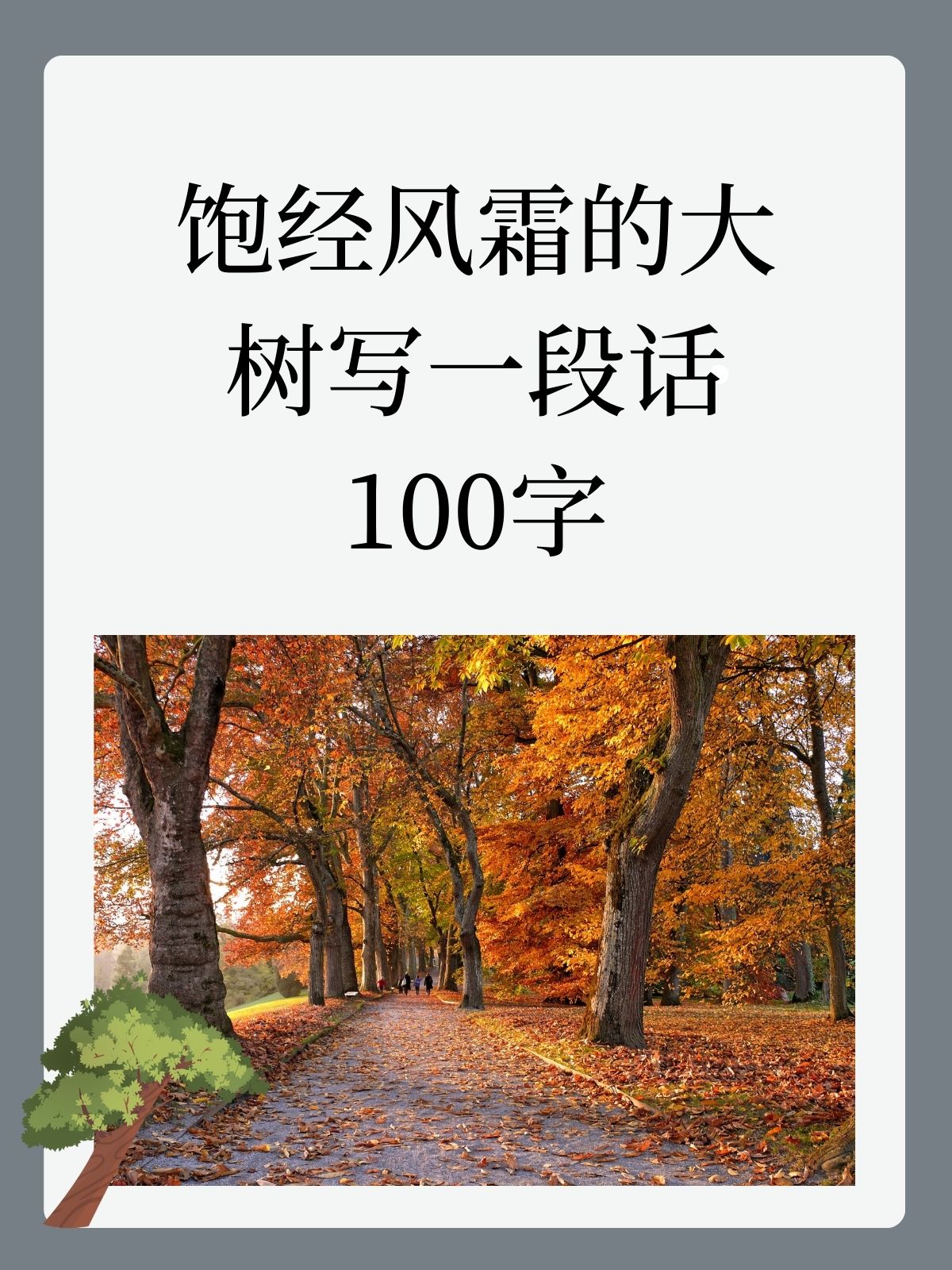 我认为饱经风霜的大树写一段话100字有饱经风霜的大树矗立在道路旁