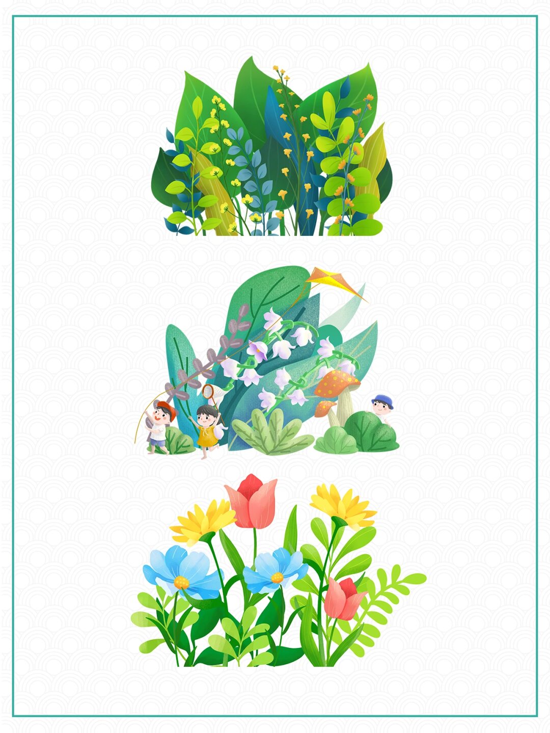 卡通插画类花草植物素材  想象一下,春天的阳光明媚,鲜花盛开,鸟儿