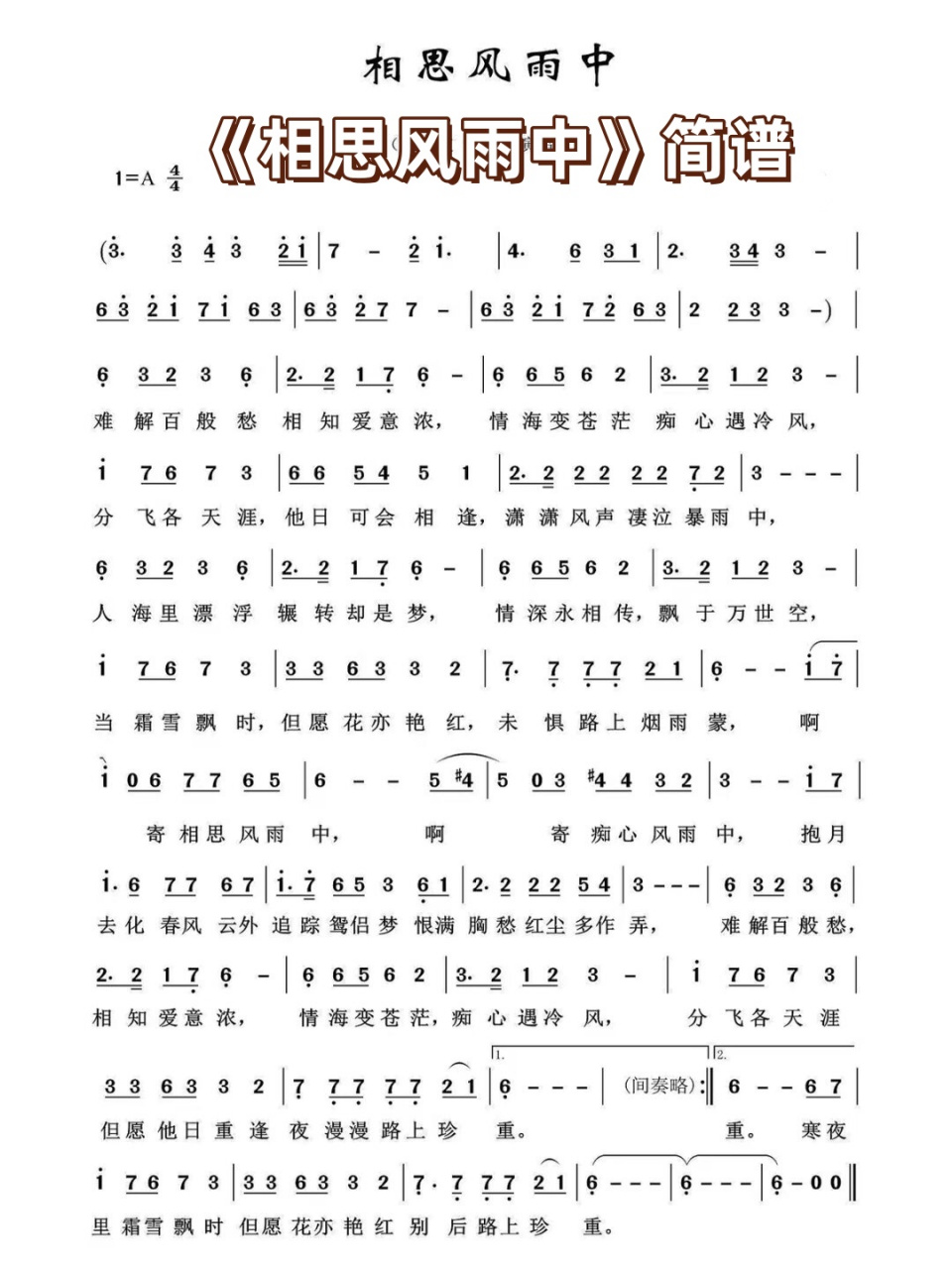 《相思风雨中》简谱