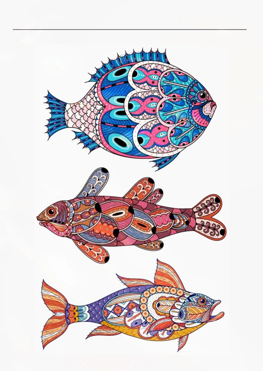 美育灵感素材动物的纹样装饰画  各种装饰元素结合成不同造型的鱼和