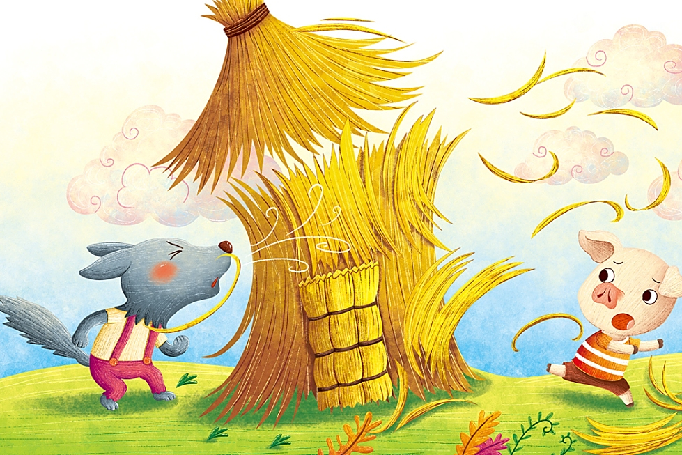 灰狼吹倒稻草房子三只小猪幸福的生活在一起猪小弟做的砖瓦房子怎么画