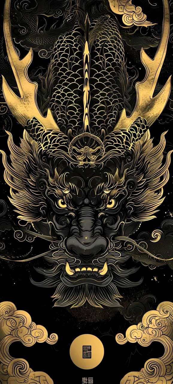 ai生成的一组中国龙绘画作品,黑色本体描绘金色花纹,显得十分华丽而