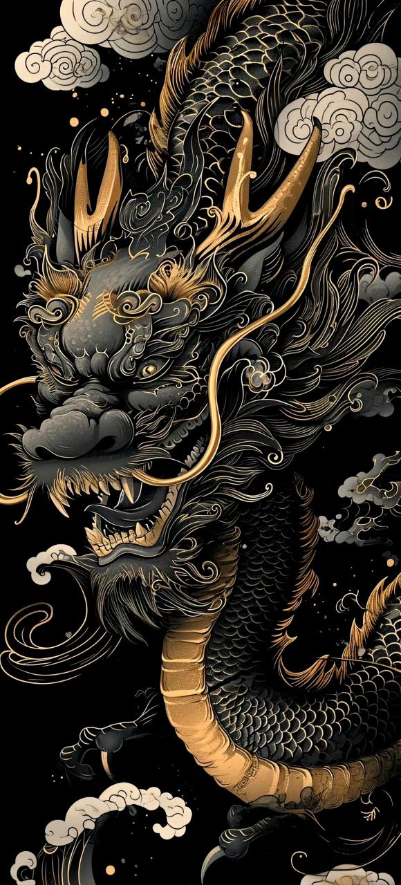 ai生成的一组中国龙绘画作品,黑色本体描绘金色花纹,显得十分华丽而