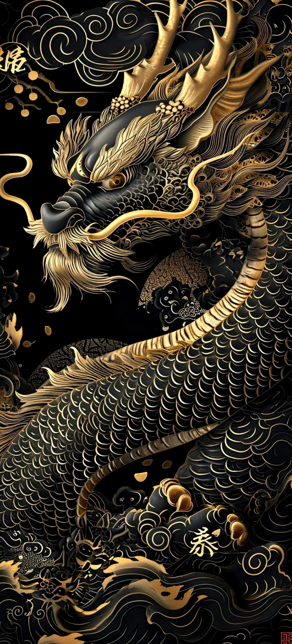 ai生成的一组中国龙绘画作品,黑色本体描绘金色花纹,显得十分华丽而