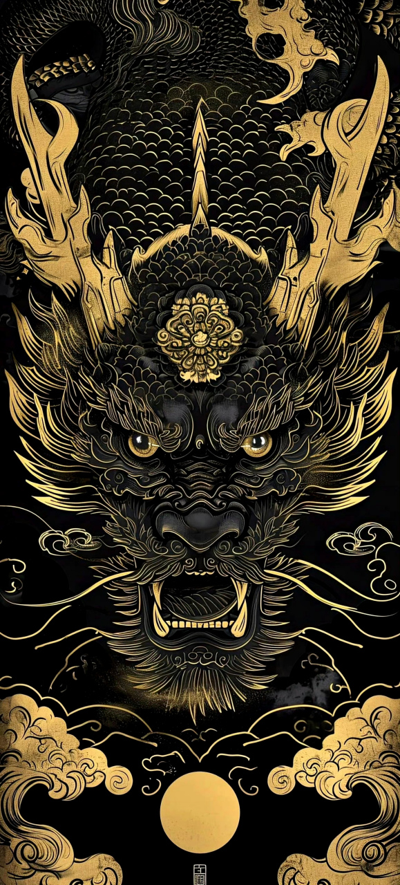 ai生成的一组中国龙绘画作品,黑色本体描绘金色花纹,显得十分华丽而