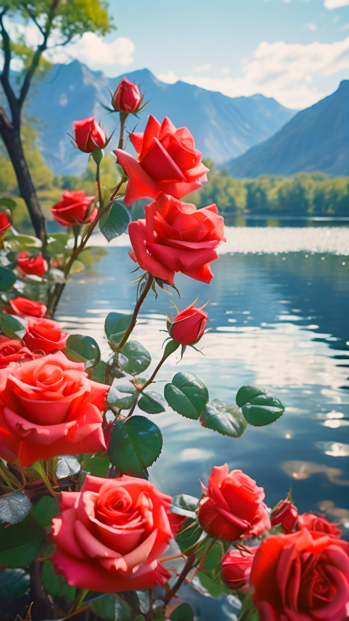 水边的玫瑰花,花朵与光影交织,让人心生欢喜