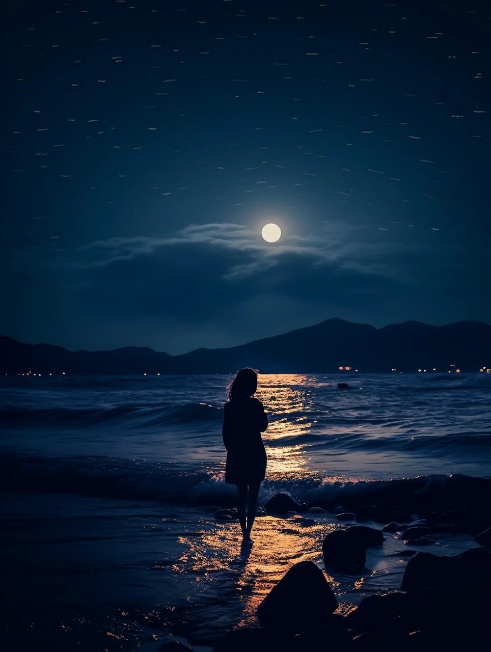 孤独的女人  寂寞女子中秋之际仰望明月  关键词描绘:画面勾勒出一位